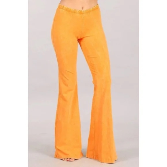 Tangerine Orange Boho Mineral Wash Stretch Flared Bell Bottom Casual Pants - Picture 2 of 6